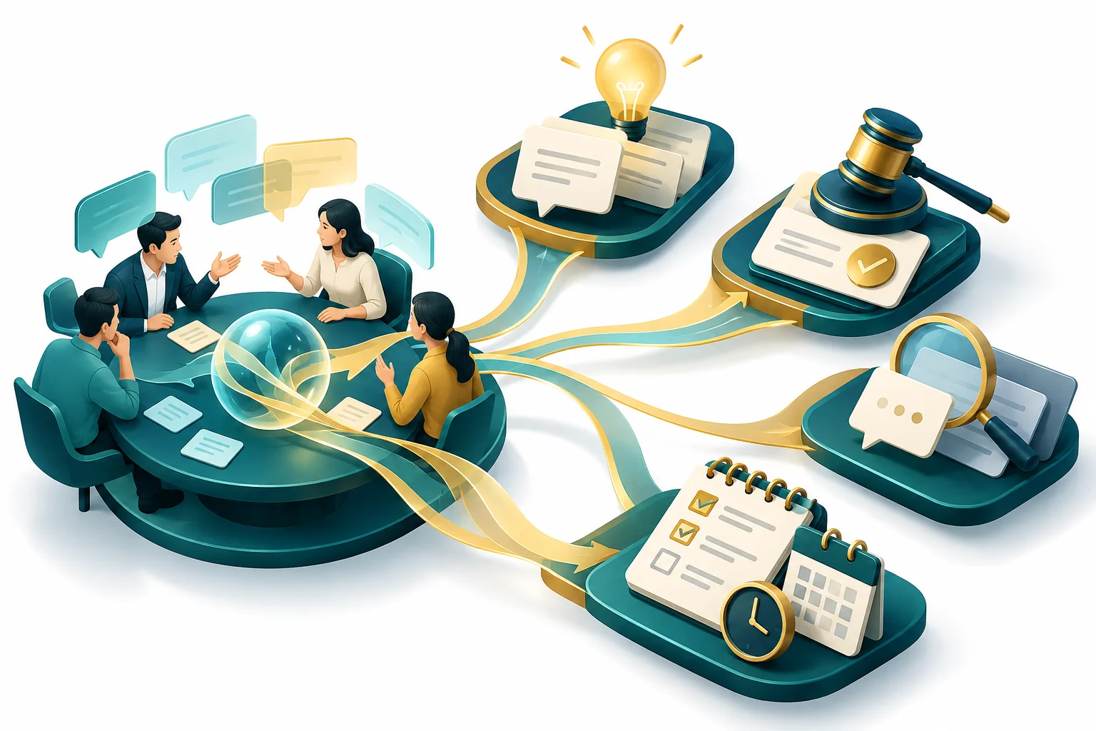 AI 會議摘要的下一步:把討論整理成可追蹤的決策:主題概念示意