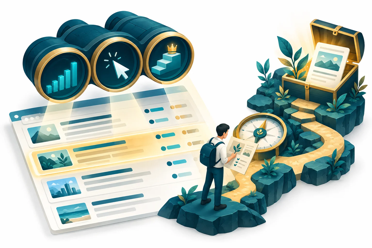 Search Console 有曝光卻沒點擊?用查詢與頁面找內容機會:主題概念示意