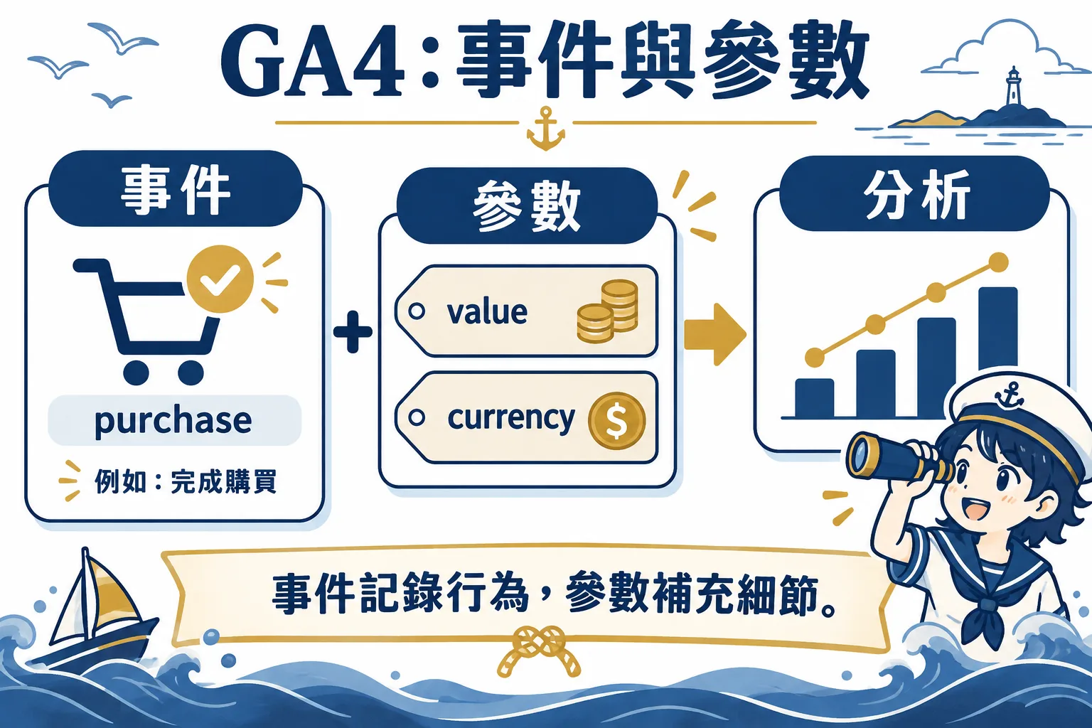 事件記錄行為,參數補充細節。purchase 可搭配 value 與 currency;完整電商追蹤還需依官方規格設定其他欄位。