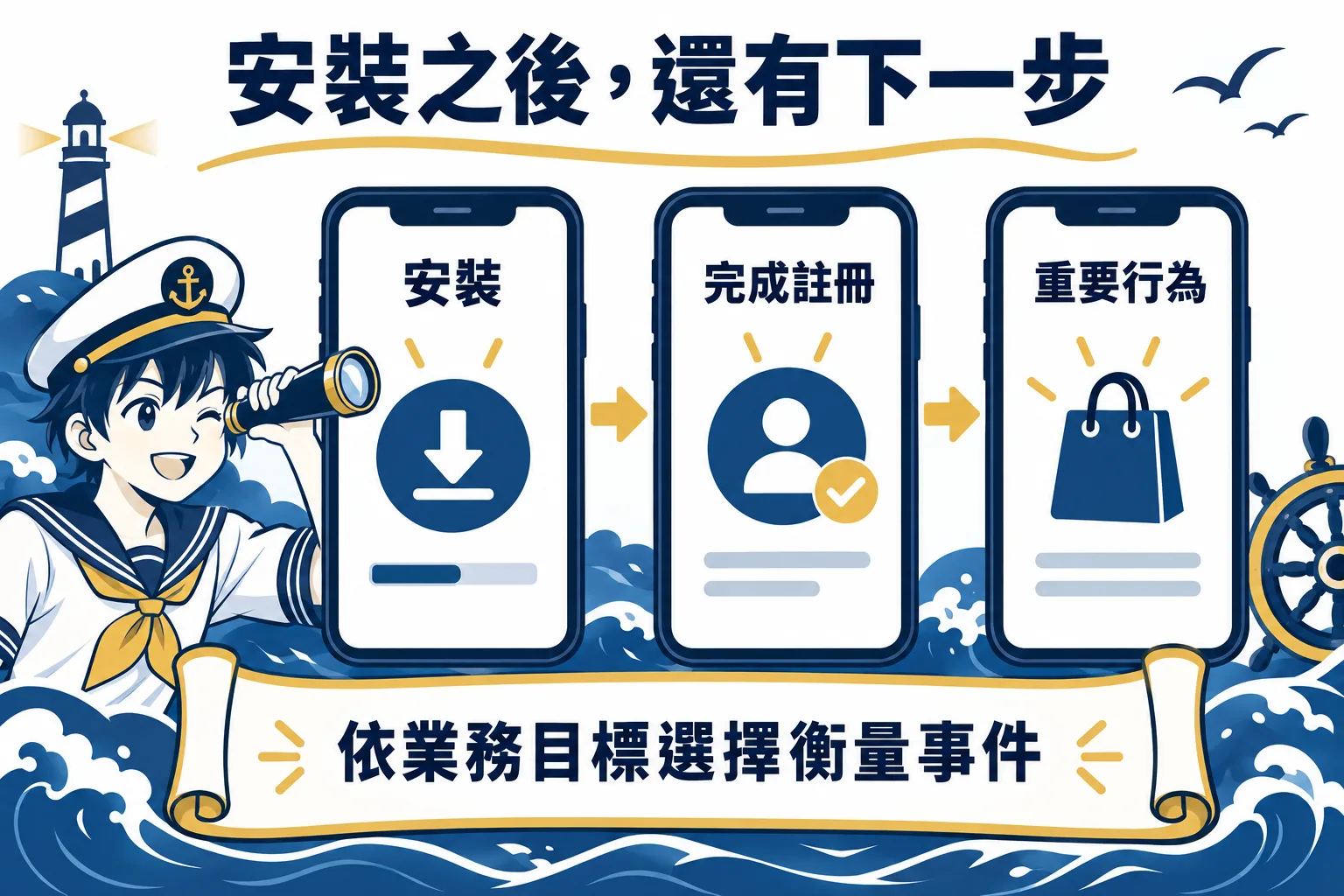 安裝、註冊與重要行為是不同階段,應依業務需求設定衡量目標。
